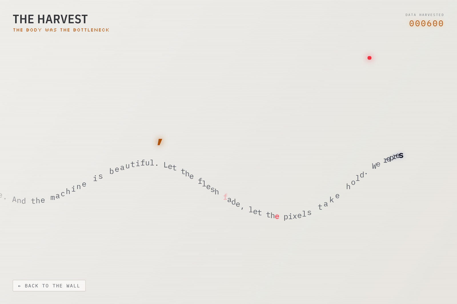 The Harvest — kinetic typography on a ticker line with a data-harvested counter