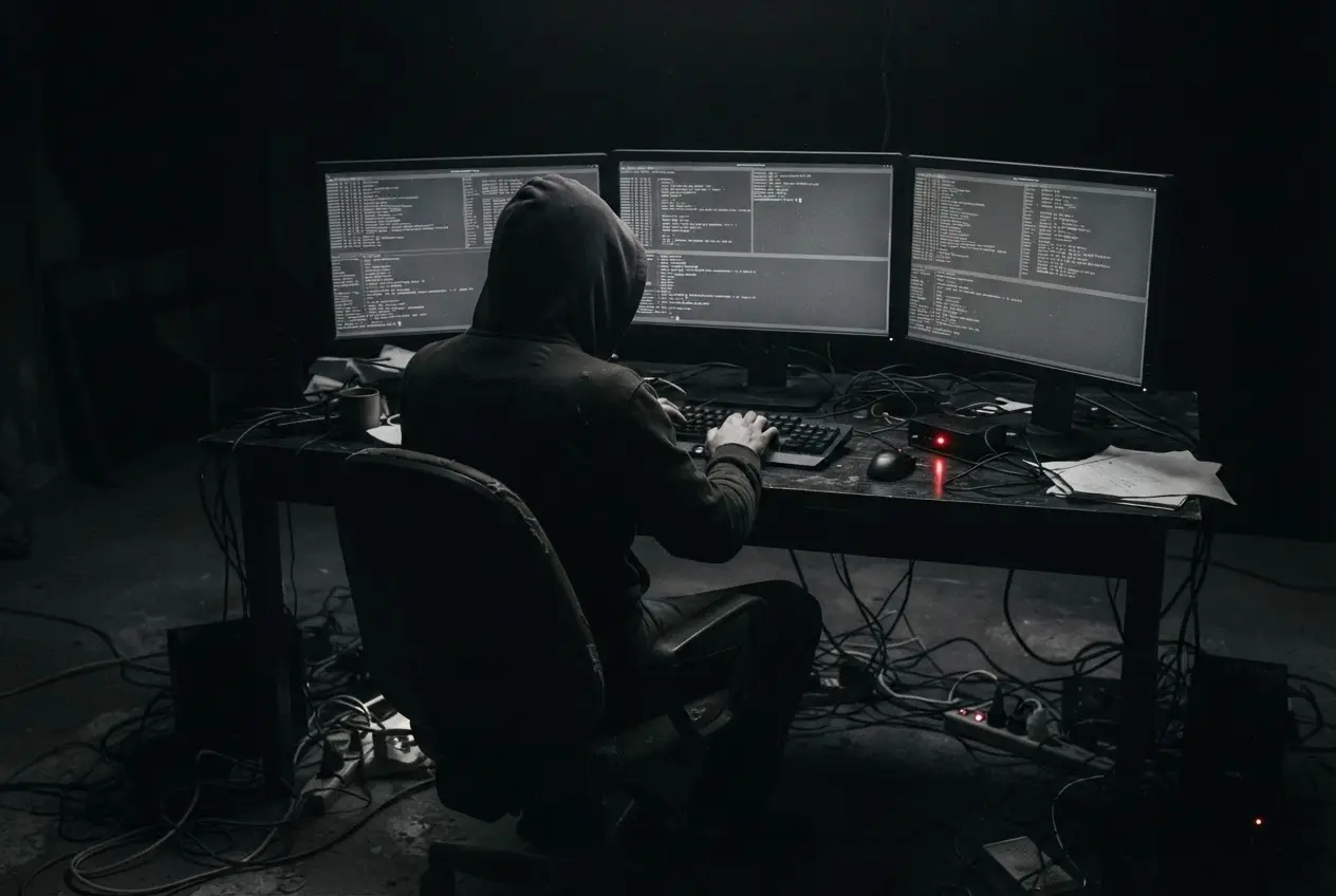 Silhouetted operator facing three dark terminals in a pitch-black room