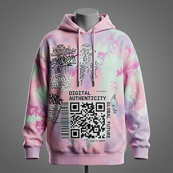 Close-up: stencil-bombed pink hoodie