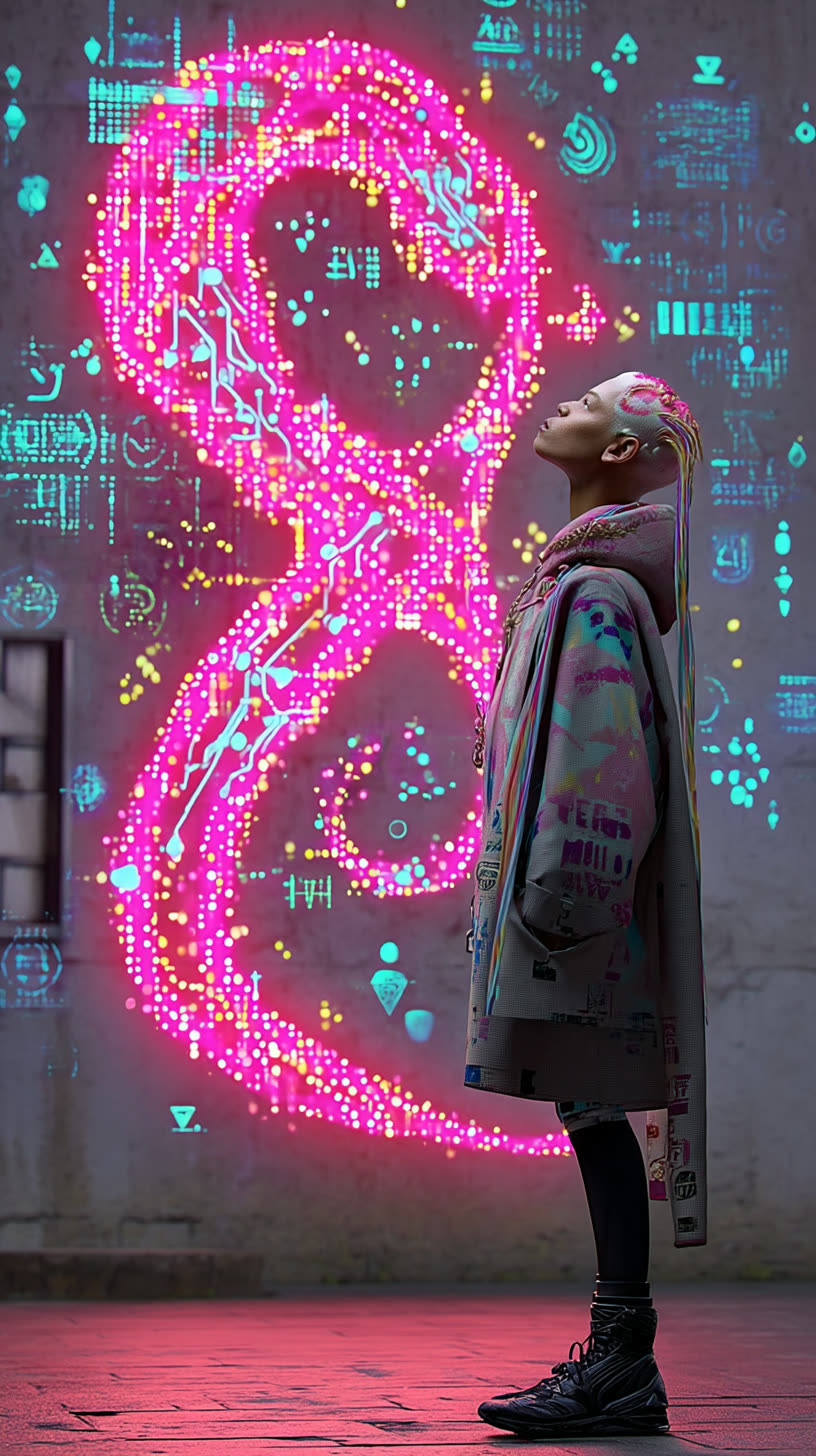 Mural: pink glowing circuit glyph pulsing on a concrete wall