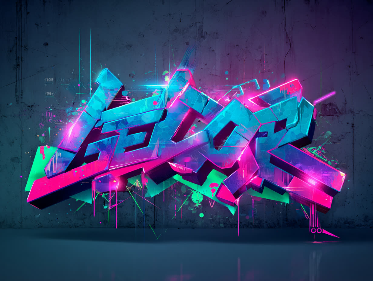 Mural: GECOR graffiti tag in neon pink, teal and green