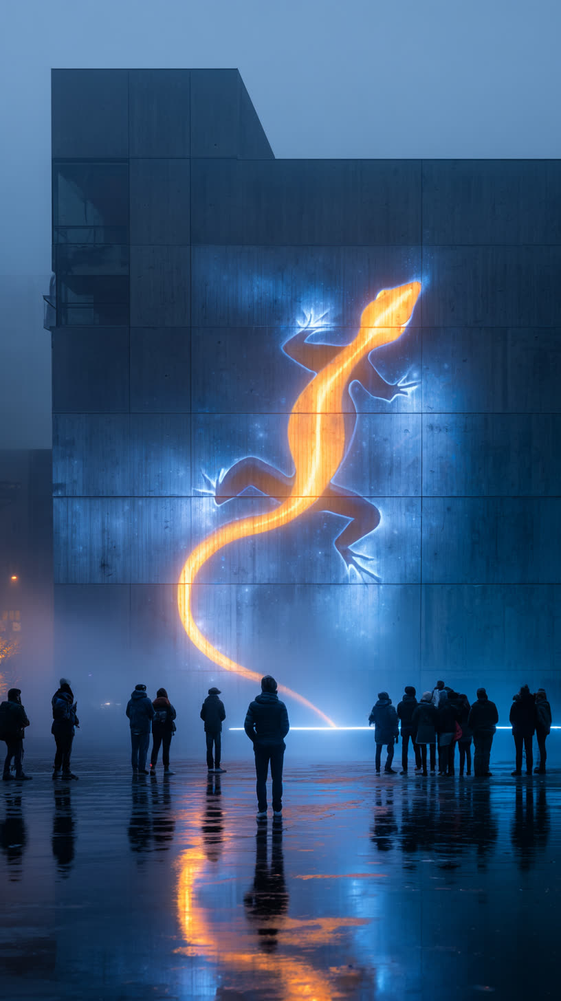 Mural: giant golden lizard projected on the ministry building at night