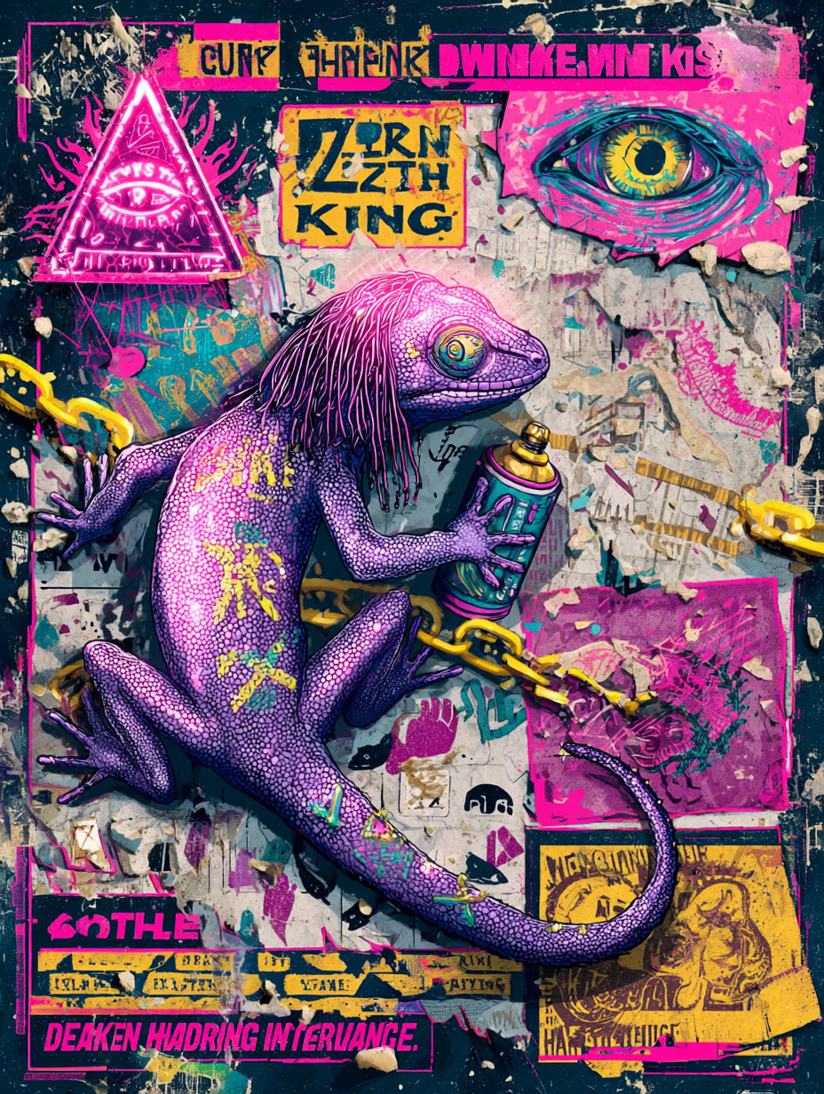 Mural: zine-style purple lizard with spray can, chains and pyramid eye