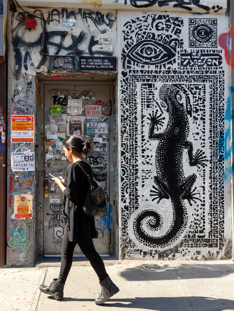 Mural: black stencil lizard with QR glyphs on a doorway wall