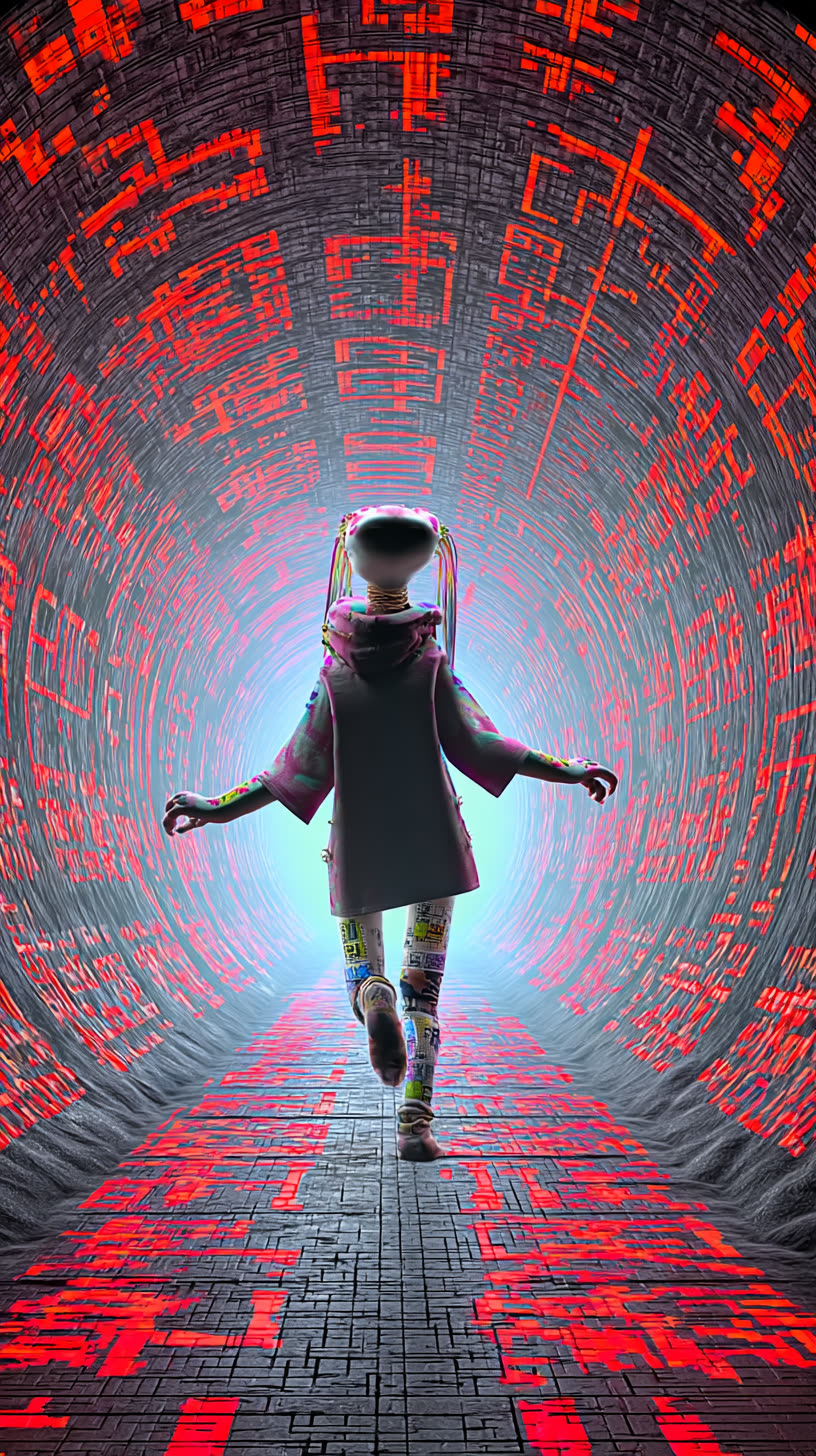 Mural: silhouette running through a red-lit code tunnel toward light